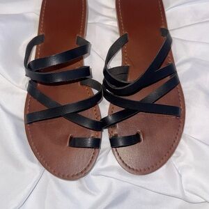 Black Strappy Leather Flat Sandals - Women